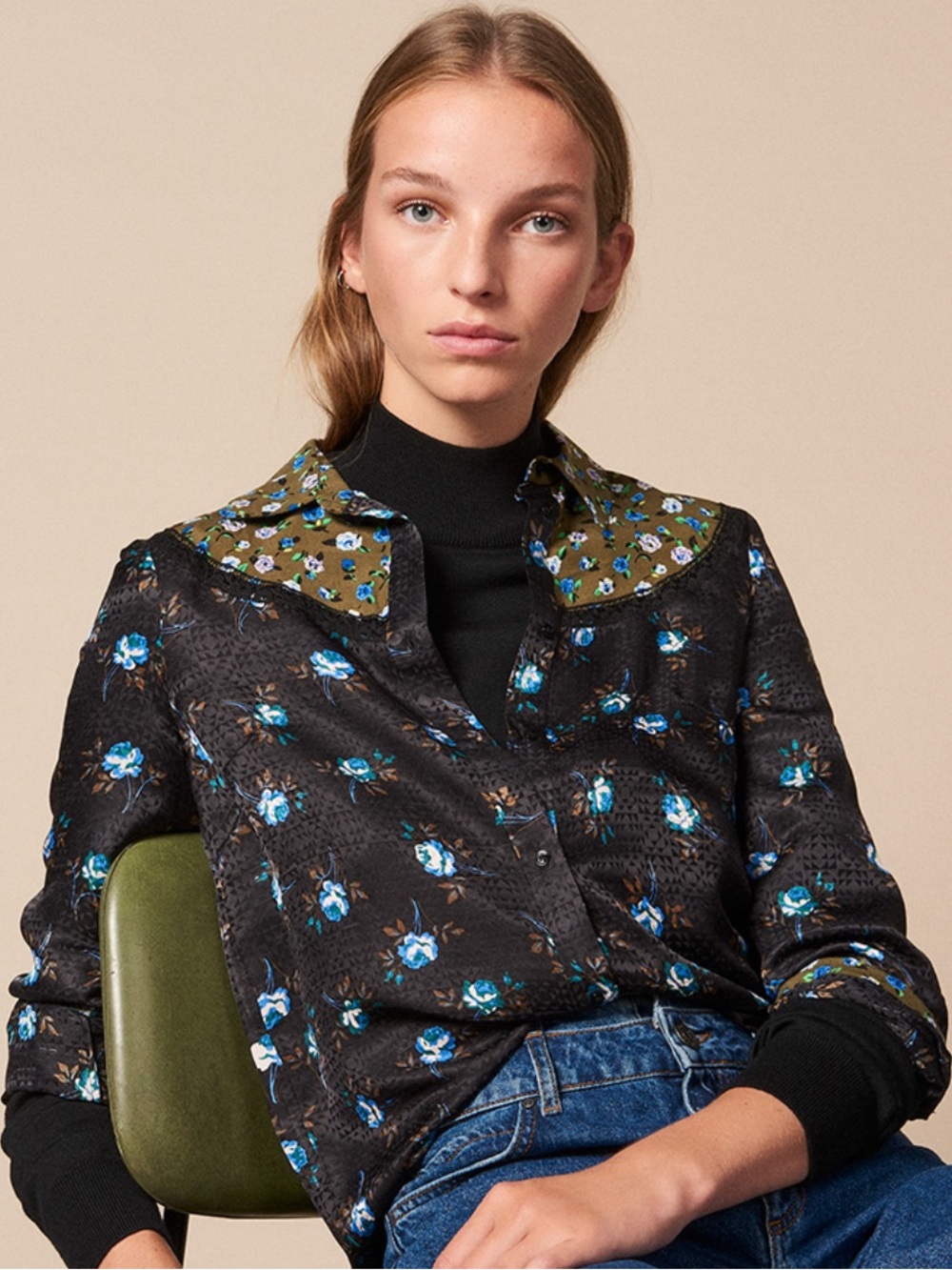 Sandro Paris Mixed Media Button Up Blouse Silk Blend Black & Green Floral Lace